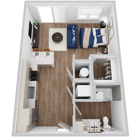 Floor plan for studio, 1 bath, 616 sqft